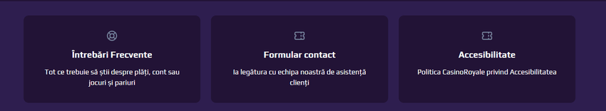 Asistență Casino Royale Secțiunea de asistență Casino Royale cu întrebări frecvente, formular de contact și informații despre accesibilitate.