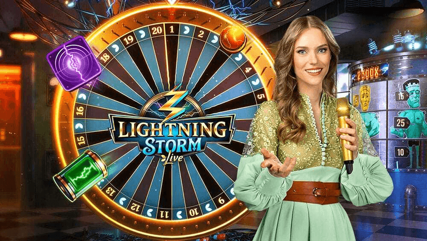Lightning Storm Προωθητική εικόνα του Lightning Storm με παρουσιάστρια, φωτισμένο τροχό και ηλεκτρικό themed σκηνικό.