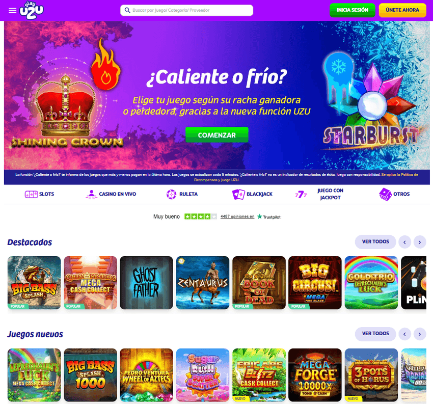 Lobby del casino PlayUZU Pantalla principal de PlayUZU con buscador, promociones y juegos destacados