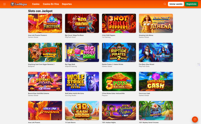Sección de slots con jackpot en LeoVegas con catálogo de tragaperras disponibles