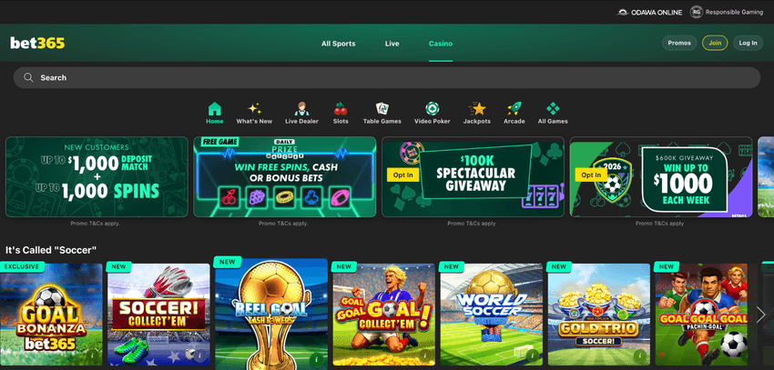 bet365 Casino Michigan Homepage bet365 Casino Michigan homepage featuring casino promotions, featured games, and player account navigation.