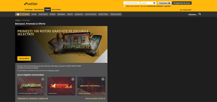 Oferta de bun venit Betfair Casino România Pagina promoției Betfair Casino cu oferta de 100 de rotiri gratuite la jocurile selectate.