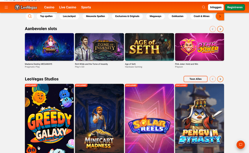 Screenshot van de homepage van LeoVegas Casino Nederland met casinospellen en aanbiedingen