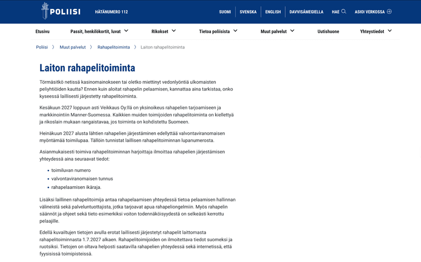 Tietoa laittomasta rahapelitoiminnasta Poliisihallituksen sivuilla