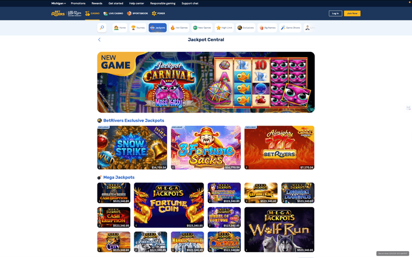 BetRivers Michigan jackpot slots section showcasing progressive jackpots and recent big wins