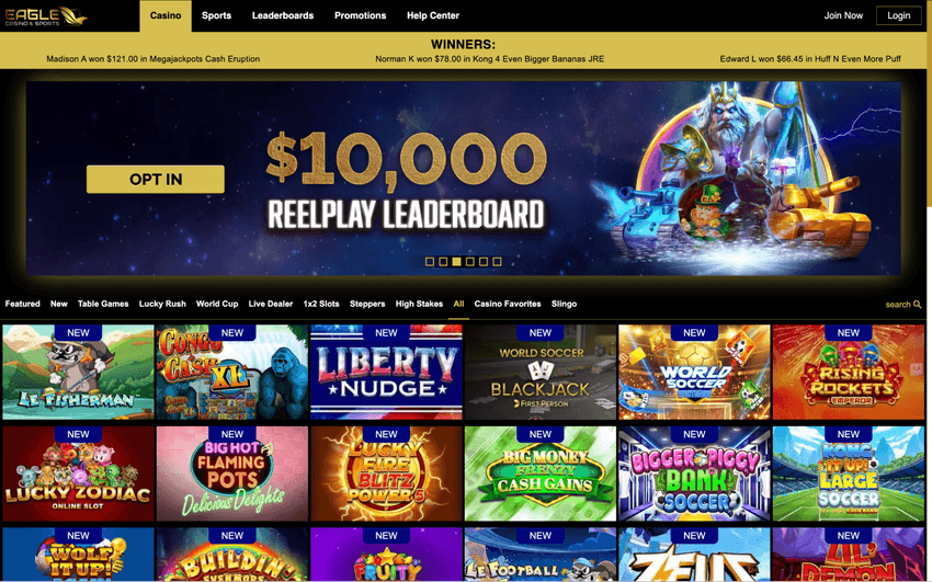 Eagle Casino Michigan Homepage Eagle Casino Michigan homepage featuring promotional offers, casino games, and account navigation tools.