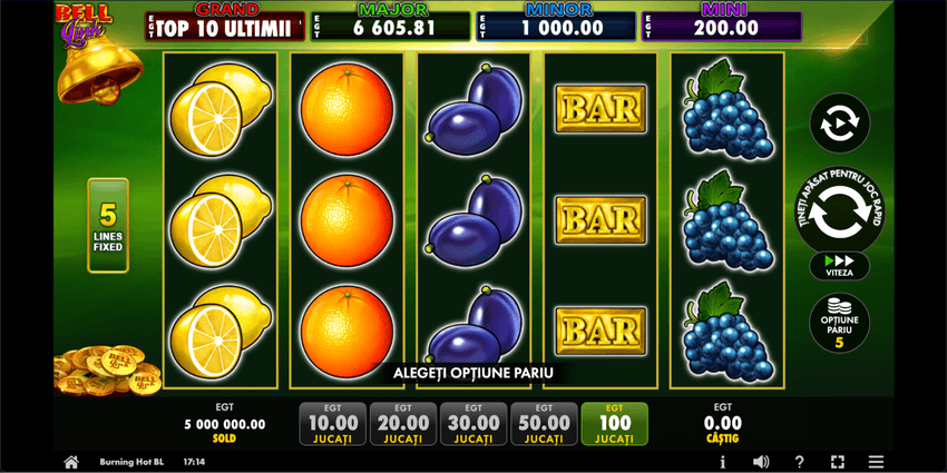 Interfața slotului 40 Shining Crown Bell Link de la EGT Digital cu jackpoturile Bell Link Grand, Major, Minor și Mini afișate în partea superioară