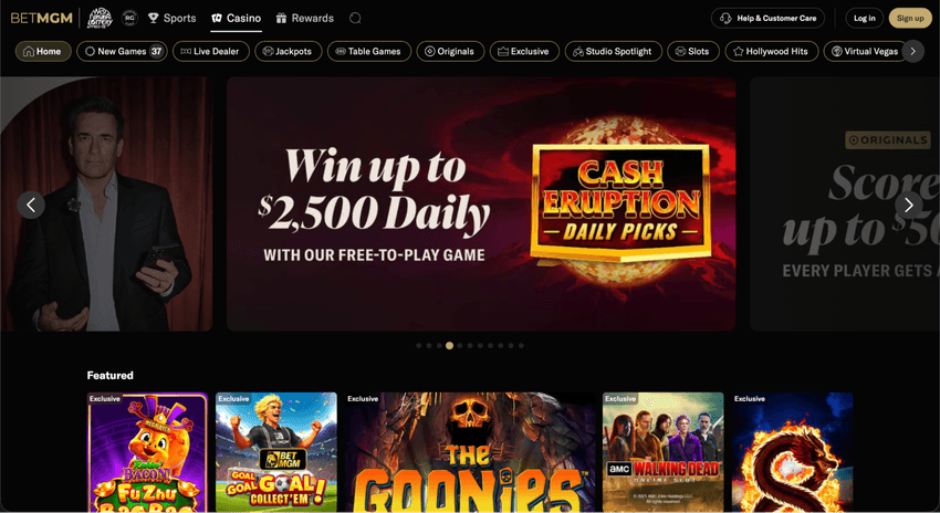BetMGM Casino West Virginia homepage showing featured promotions and exclusive online casino games.