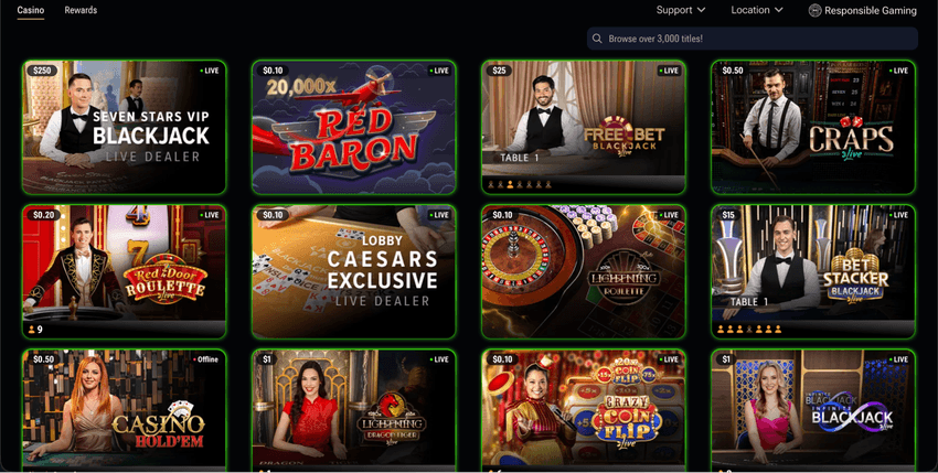 Evolution Live Dealer Games at Caesars Palace Caesars Palace Online Casino Evolution live dealer lobby with blackjack, roulette, craps and game show tables
