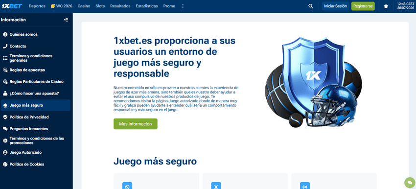 Página de juego responsable de 1xBet con información sobre juego seguro y prevención del juego problemático.