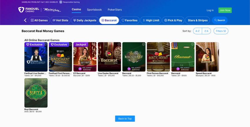 FanDuel Casino Michigan baccarat real money games and live dealer tables FanDuel Casino Michigan baccarat games page with live baccarat, EZ Baccarat, and Speed Baccarat titles