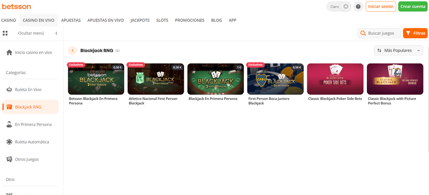 Juegos de blackjack RNG disponibles en Betsson Casino