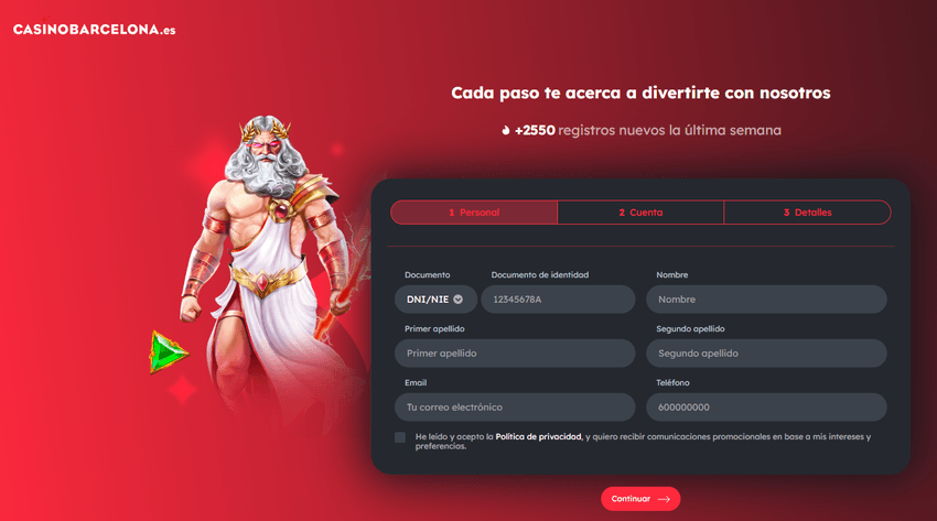 Registro en Casino Barcelona, el formulario con datos personales