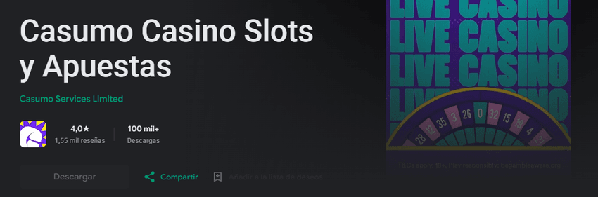casumo-app-android-google-play Captura de la aplicación móvil de Casumo en la tienda Google Play Store de Android, titulada "Casumo Casino Slots y Apuestas", con una calificación de 4,0 estrellas y más de 100 mil descargas.