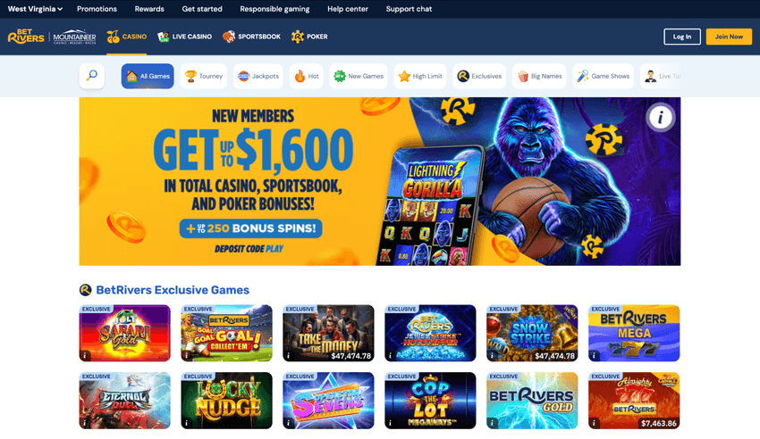 BetRivers Casino West Virginia homepage featuring casino games, promotions, and account navigation options.