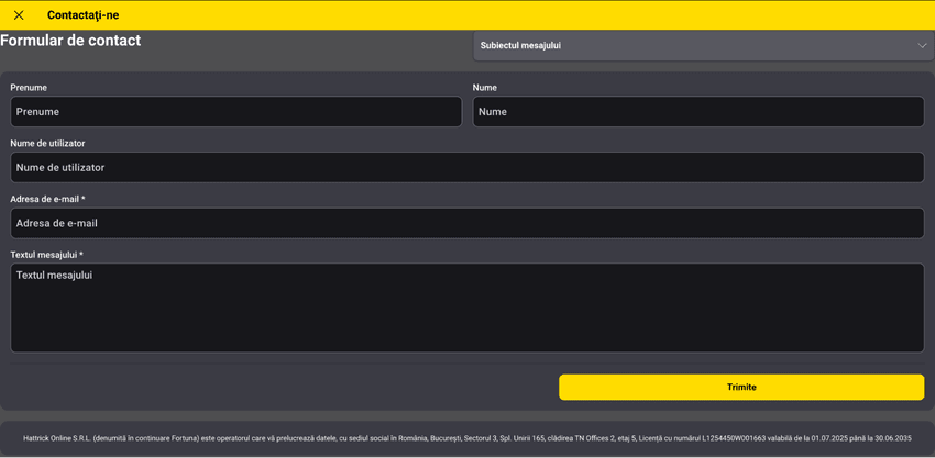 Formular de contact Fortuna pentru suport clienți