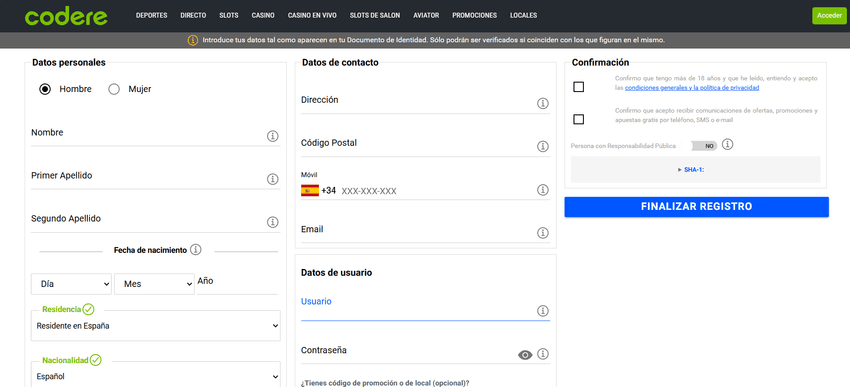 Registro en Codere España Formulario de registro en Codere solicitando datos personales y contacto.