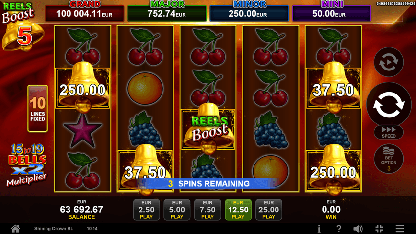 Γύρος Bell Link Hold & Win στο 40 Shining Crown Bell Link Ο γύρος Bell Link Hold & Win σε εξέλιξη με καμπάνες, Reels Booster και πολλαπλασιαστή στο 40 Shining Crown Bell Link.