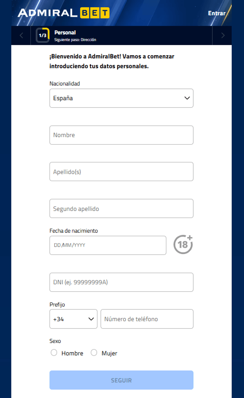 Formulario de registro con datos personales en AdmiralBet