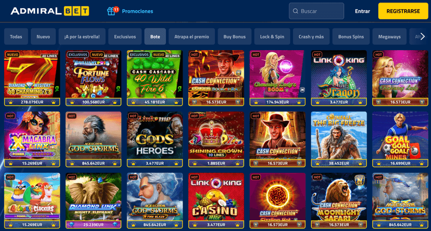 Selección de slots con bote y juegos destacados en AdmiralBet