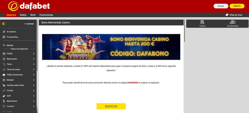 Bono de bienvenida de Dafabet Casino Promoción de bienvenida de Dafabet Casino con un bono de hasta 200 €.
