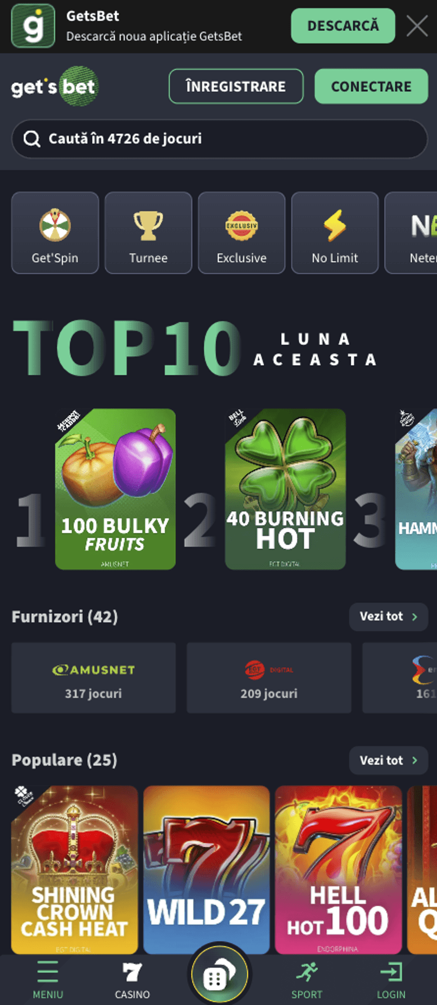 Versiunea mobilă GetsBet Casino cu jocuri populare, furnizori și categorii de cazino