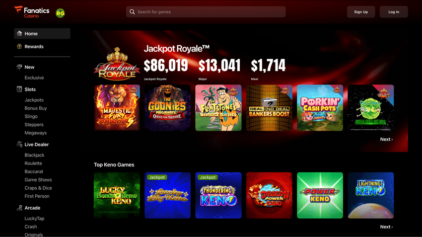 Fanatics Casino Jackpot Games Fanatics Casino jackpot games section showcasing progressive jackpot slots and prize pool information.