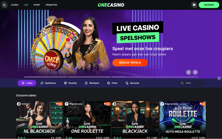 Screenshot van het live casino van One Casino met live dealer spellen