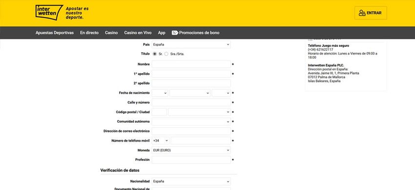 Formulario de registro Interwetten España con datos personales y verificación
