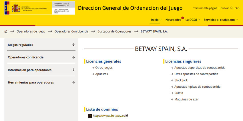Captura de pantalla del buscador oficial de la DGOJ donde se muestran las licencias generales y singulares otorgadas a la entidad mercantil Betway Spain S.A.