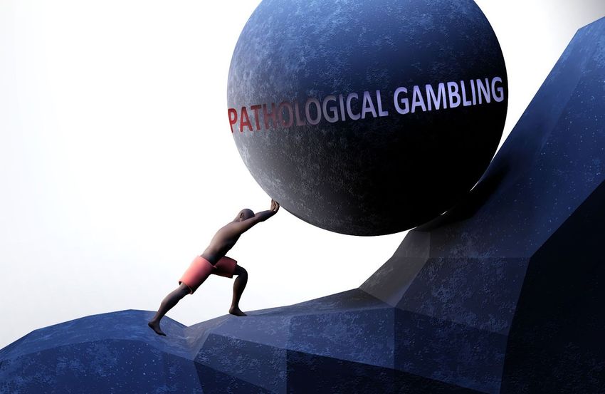 Pathological Gambling – Symbol für den Kampf gegen Spielsucht Illustration eines Menschen, der einen riesigen Fels mit der Aufschrift „Pathological Gambling“ den Berg hinaufschiebt – Symbol für den schwierigen, aber möglichen Weg aus der Spielsucht
