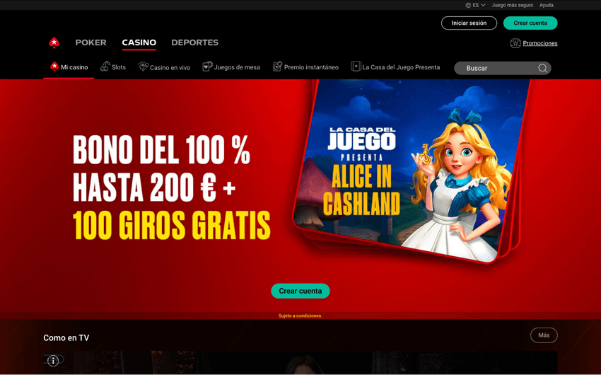 Página principal de PokerStars España – Póker online, casino y apuestas Captura de la página principal de PokerStars España con acceso a póker online, casino y apuestas deportivas, promociones destacadas, torneos de póker y juegos de casino online.