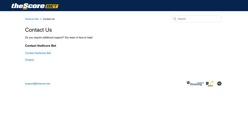 theScore Bet Customer Support Center theScore Bet customer support page with contact information, help resources, and email support options.