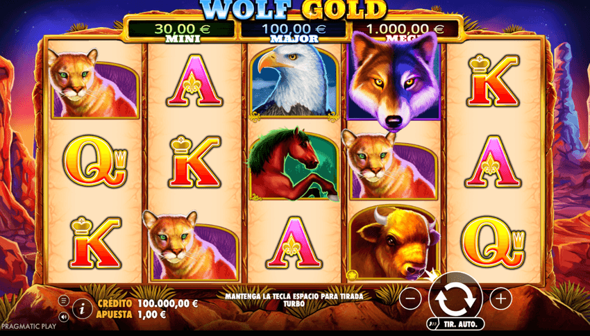 Wolf Gold y los jackpots integrados de Pragmatic Play Pantalla de la tragaperras Wolf Gold de Pragmatic Play con jackpots Mini, Major y Mega visibles en la parte superior