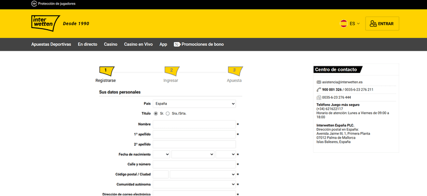 Formulario de registro de Interwetten España para crear una cuenta nueva