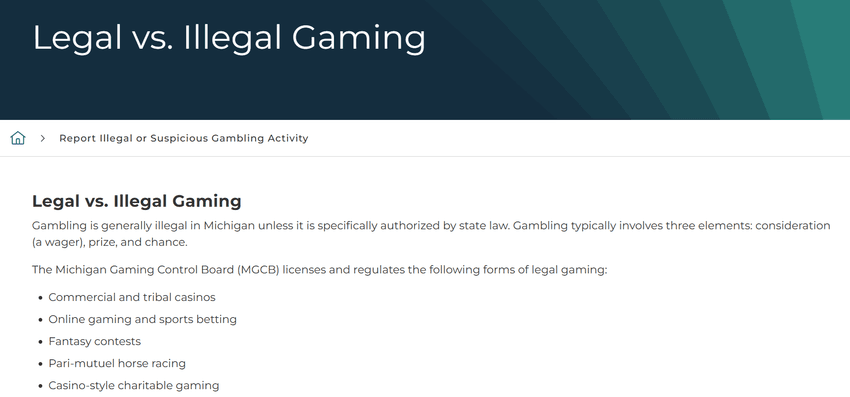 Michigan Gaming Control Board page detailing online slot legality