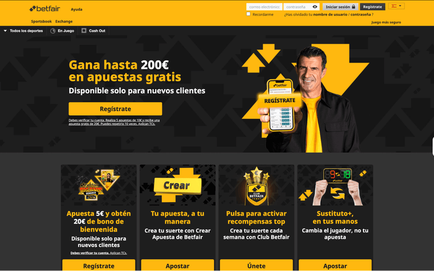 Promoción de bienvenida de Betfair España Captura de la página principal de Betfair España destacando la promoción para nuevos clientes y el acceso a apuestas deportivas, Exchange y casino online.