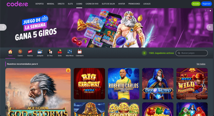 Página de inicio de Codere Casino con juegos destacados, promociones y acceso al catálogo de casino online.