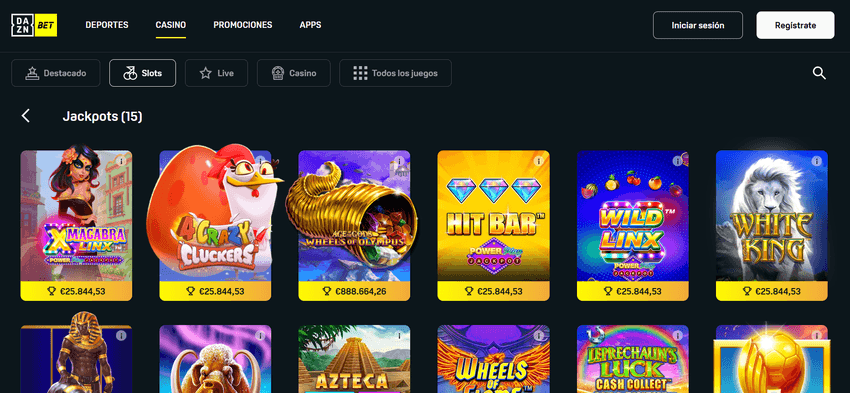 Jackpots de DAZN Bet Catálogo de jackpots de DAZN Bet con tragamonedas de bote progresivo y premios acumulados.