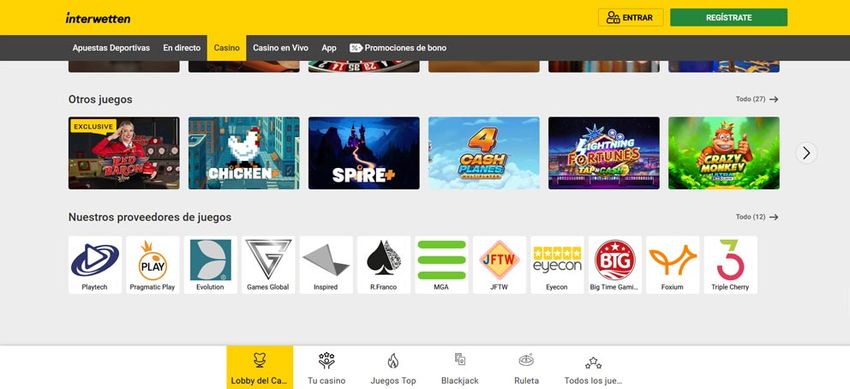 Sección de otros juegos Interwetten con proveedores de software disponibles