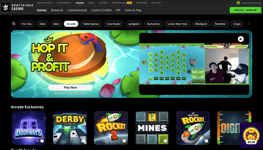 Screenshot of DraftKings Michigan arcade games section