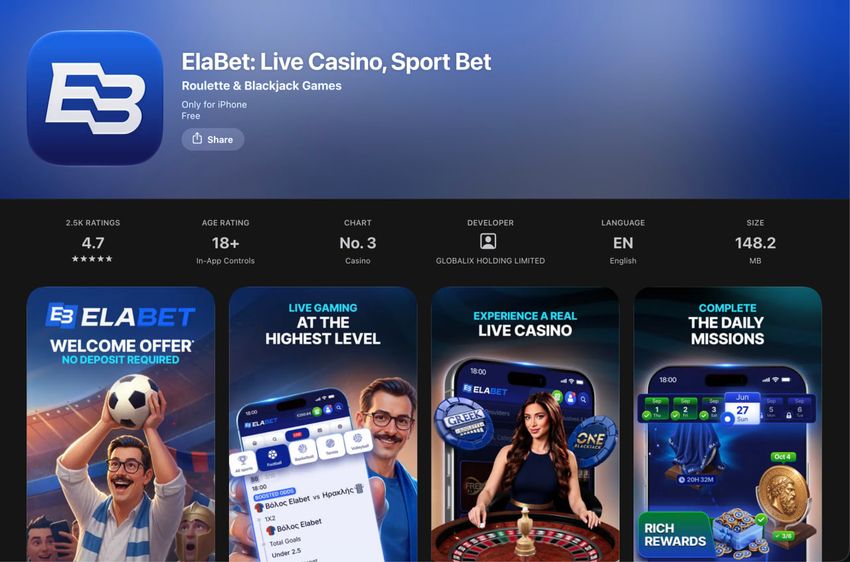 Εφαρμογή ElaBet για iPhone Σελίδα της εφαρμογής ElaBet στο App Store με live casino, αθλητικό στοίχημα, προσφορά καλωσορίσματος και λειτουργίες επιβράβευσης.