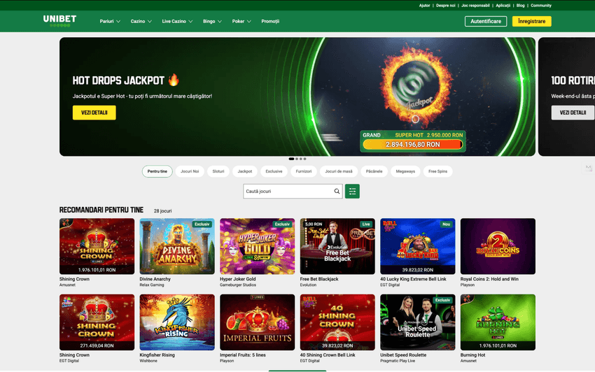 Platforma Unibet casino România cu sloturi și jackpoturi active