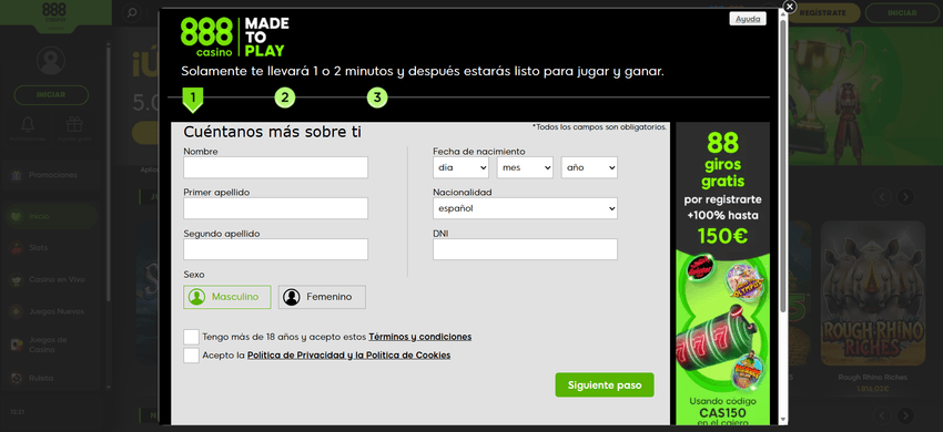 Datos personales – Registro 888casino Formulario de registro en 888casino solicitando nombre, DNI, fecha de nacimiento y nacionalidad.