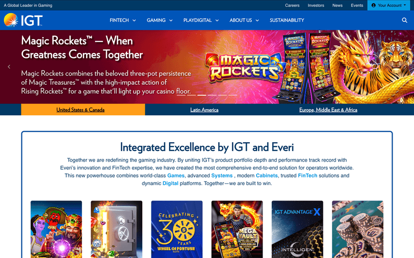 IGT provider homepage showcasing technology behind Legal Online Slots in Michigan, including Magic Rockets slot innovation and advanced gaming systems
