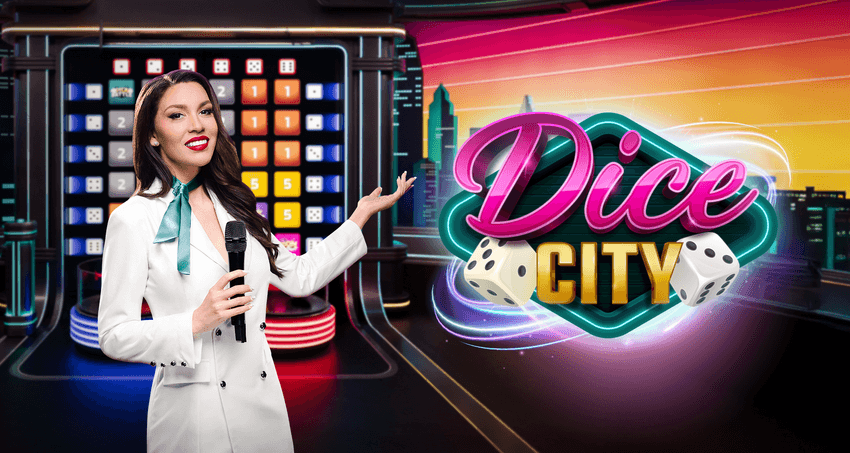Προωθητική εικόνα του Dice City με παρουσιάστρια, ζάρια και πολύχρωμο πίνακα παιχνιδιού.