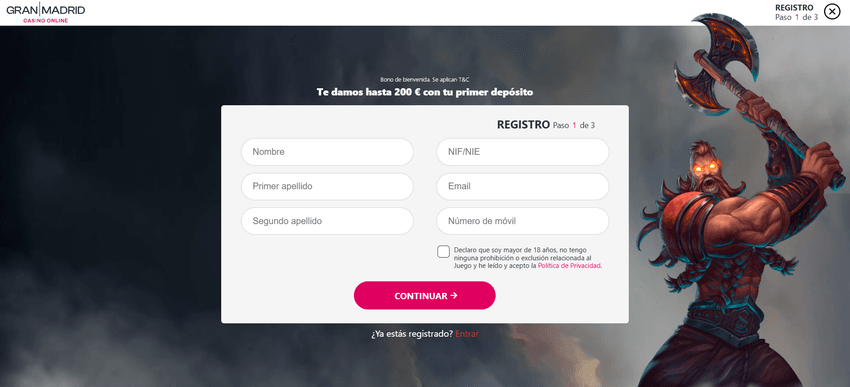 Registro Gran Casino Madrid paso 1 Formulario de registro paso 1 en Gran Casino Madrid solicitando datos personales