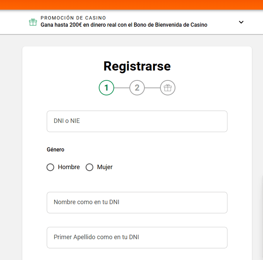 Formulario de registro en LeoVegas con DNI o NIE y datos personales