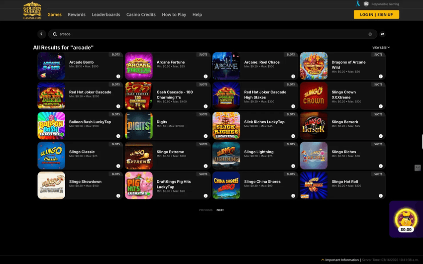 Golden Nugget Casino Game Search Tool Golden Nugget Casino Michigan game search interface displaying slot titles, game details, and betting limits.