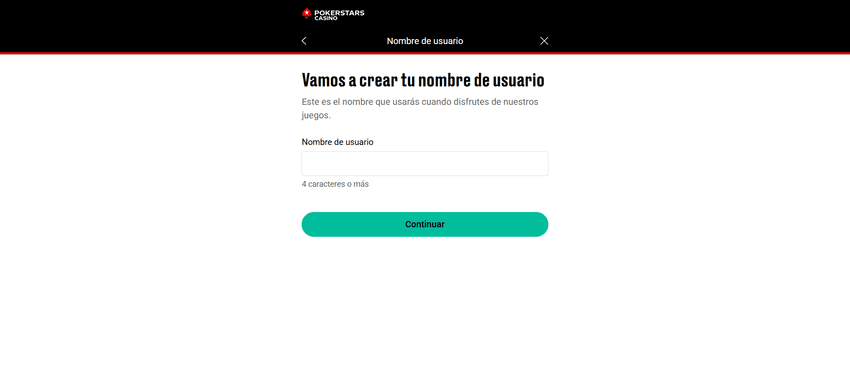 Pantalla para crear nombre de usuario en el registro de PokerStars.